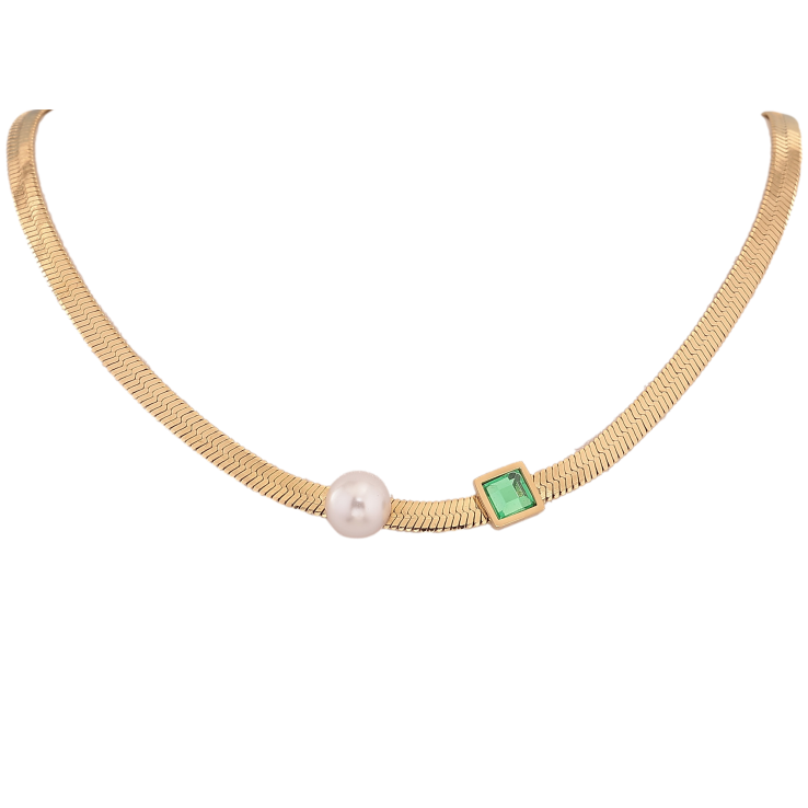 Кольє Xuping ТТМ Stainless Steel колір 14К "Ланцюжок з перлиною та зеленим кристалом" довжина 45-51см х 4мм фото №12 Кольє Xuping ТТМ Stainless Steel колір 14К "Ланцюжок з перлиною та зеленим кристалом" довжина 45-51см х 4мм фото №12