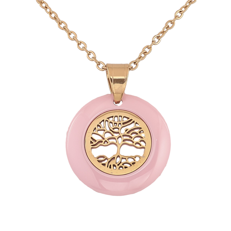 Подвеска на цепочке Xuping ТТМ Stainless Steel цвет 14К "Древо жизни в колечке из розовой керамики" длина 45-50см х 2мм фото №1