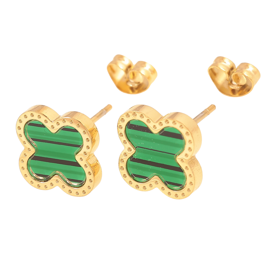 Серьги Нержавеющая сталь пусеты "Клевер с зелеными вставками" 10х10мм фото №1 Серьги Нержавеющая сталь пусеты "Клевер с зелеными вставками" 10х10мм фото №1