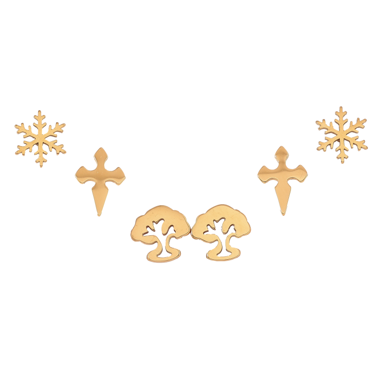 Сережки Набір (3 пари) Xuping TTM Stainless Steel колір 14К пусети "Сніжинки, хрестики та дерева" фото №1