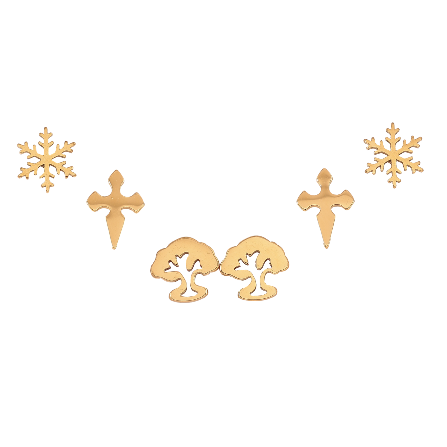 Серьги Набор (3 пары) Xuping TTM Stainless Steel цвет 14К пусеты "Снежинки, крестики и деревья" фото №1