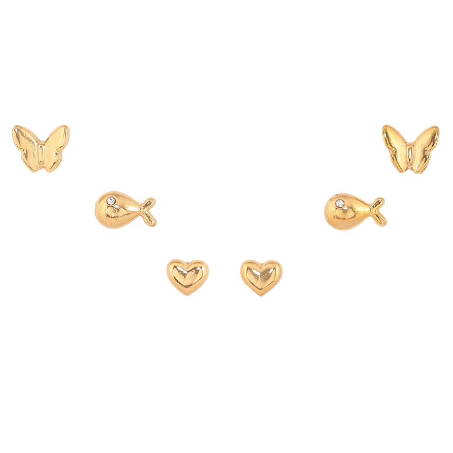 Серьги Набор (3 пары) Xuping TTM Stainless Steel цвет 14К пусеты "Бабочки, рыбки и сердечки" фото №1