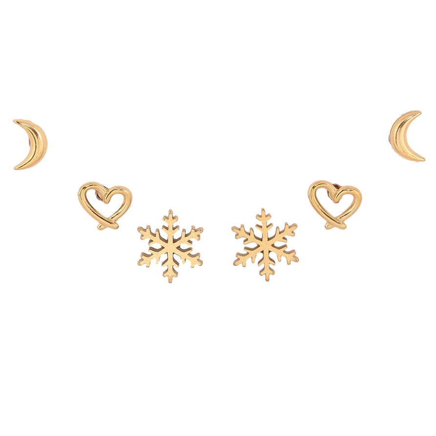 Серьги Набор (3 пары) Xuping TTM Stainless Steel цвет 14К пусеты "Луна, сердечки и снежинки" фото №1 Серьги Набор (3 пары) Xuping TTM Stainless Steel цвет 14К пусеты "Луна, сердечки и снежинки" фото №1