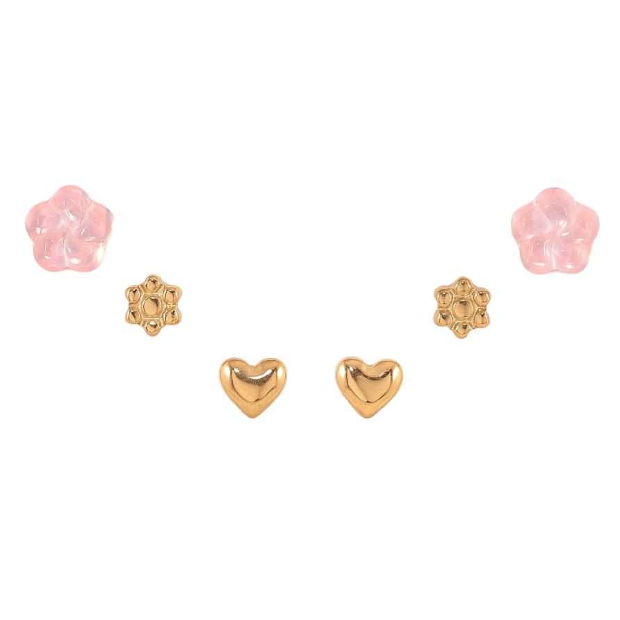 Сережки Набір (3 пари) Xuping TTM Stainless Steel колір 14К пусети "Квіточки та сердечка" фото №1