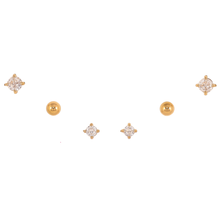 Сережки Набір (3 пари) Xuping TTM Stainless Steel колір 14К пусети "Два кристали та кулька" ø 4мм, 4мм, 3мм фото №22