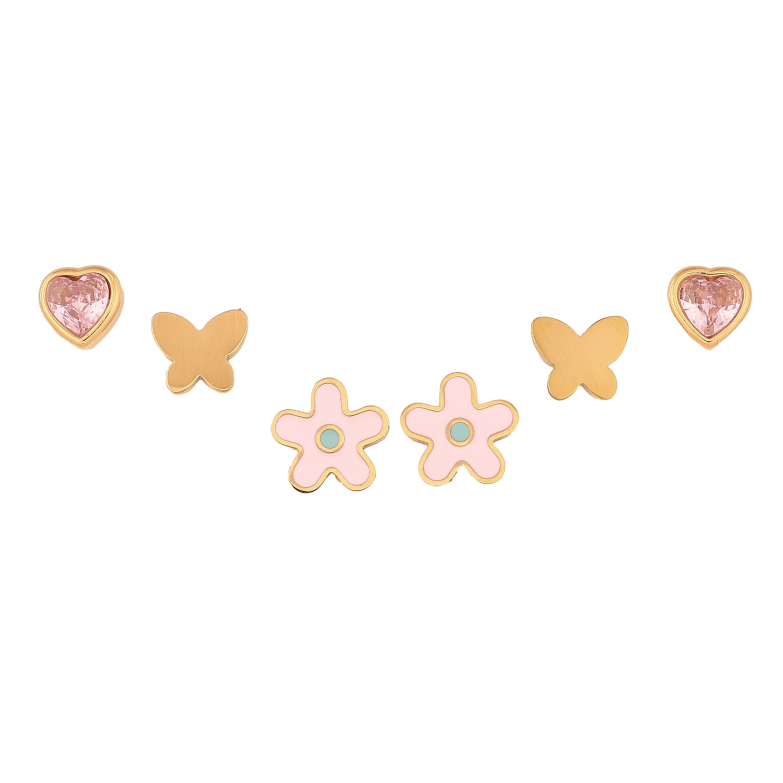 Серьги Набор (3 пары) Xuping TTM Stainless Steel цвет 14К пусеты "Розовые кристальные сердечки, бабочки и цветочки" фото №1