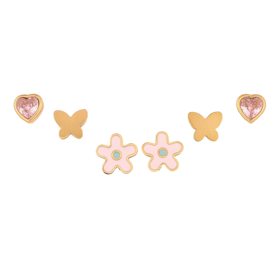 Серьги Набор (3 пары) Xuping TTM Stainless Steel цвет 14К пусеты "Розовые кристальные сердечки, бабочки и цветочки" фото №1 Серьги Набор (3 пары) Xuping TTM Stainless Steel цвет 14К пусеты "Розовые кристальные сердечки, бабочки и цветочки" фото №1