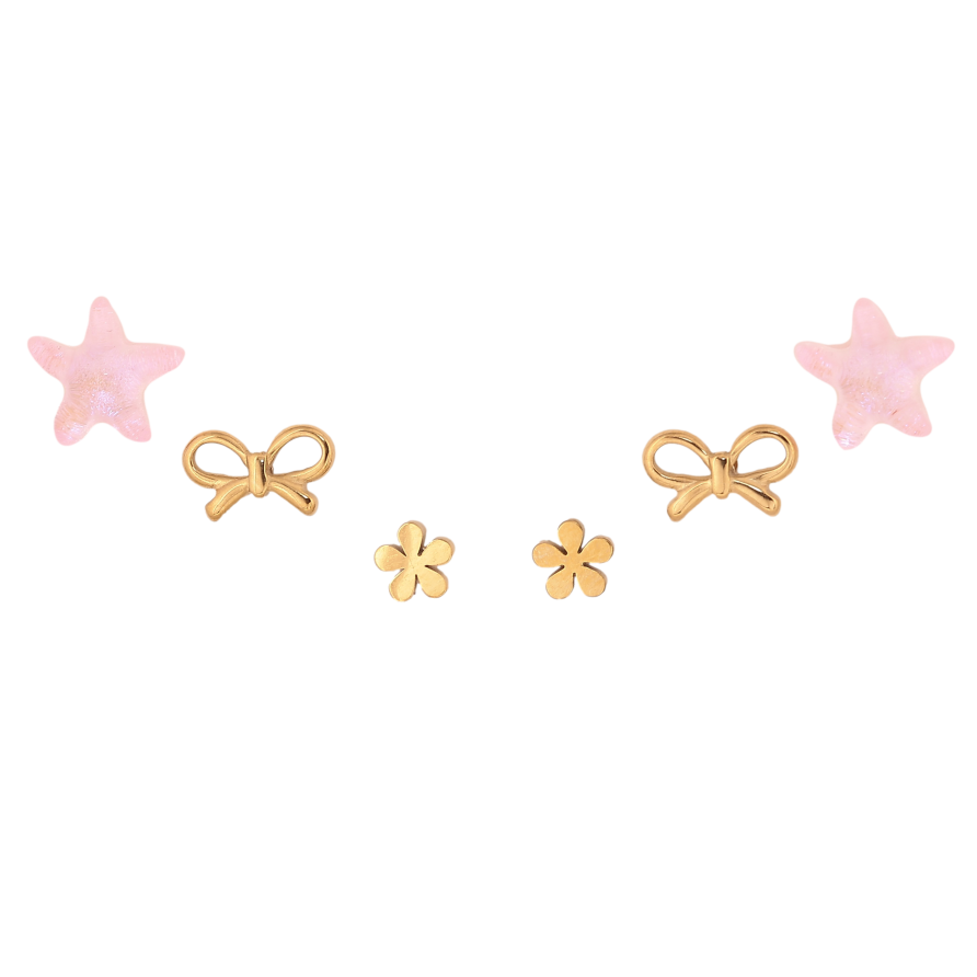 Серьги Набор (3 пары) Xuping TTM Stainless Steel цвет 14К пусеты "Розовые звезды, банты и цветочки" фото №1
