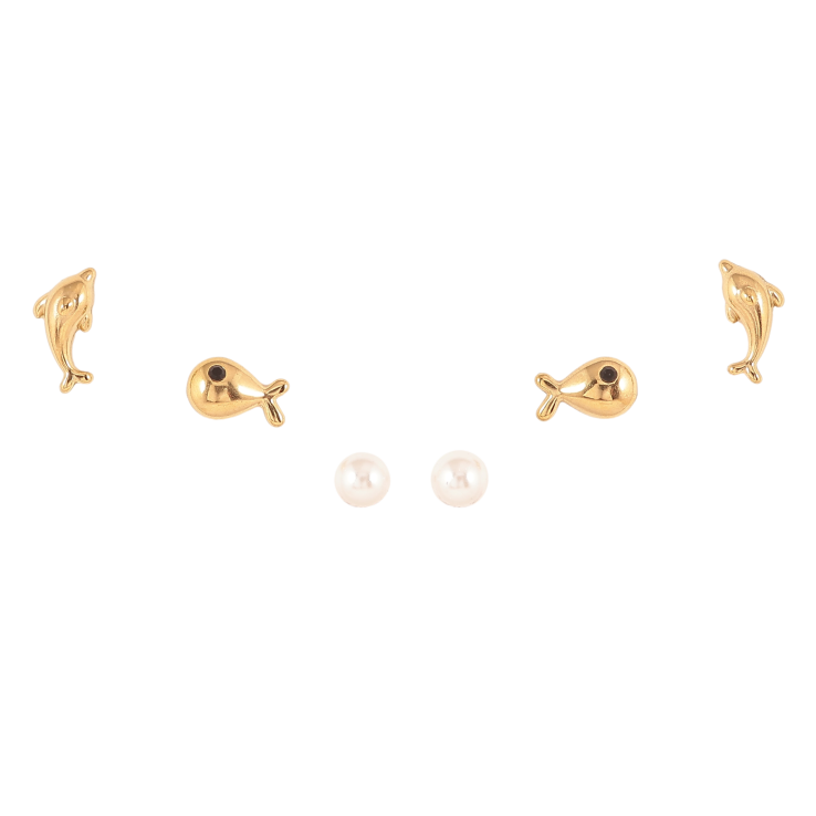 Сережки Набір (3 пари) Xuping TTM Stainless Steel колір 14К пусети "Рибки та перлини" ø 4мм фото №25