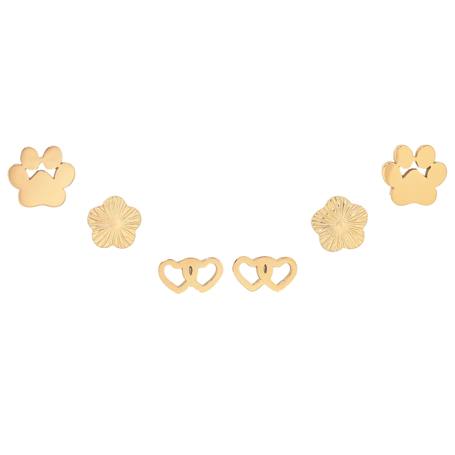 Серьги Набор (3 пары) Xuping TTM Stainless Steel цвет 14К пусеты "Лапки, цветочки и сердечки" фото №1