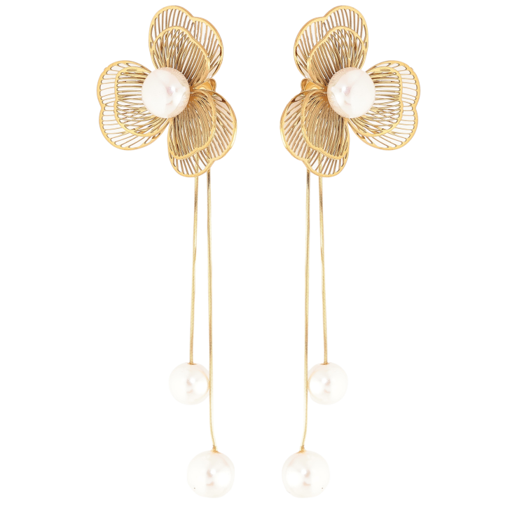 Серьги Нержавеющая сталь пусеты "Цветочные подвески с жемчужинами" фото №18