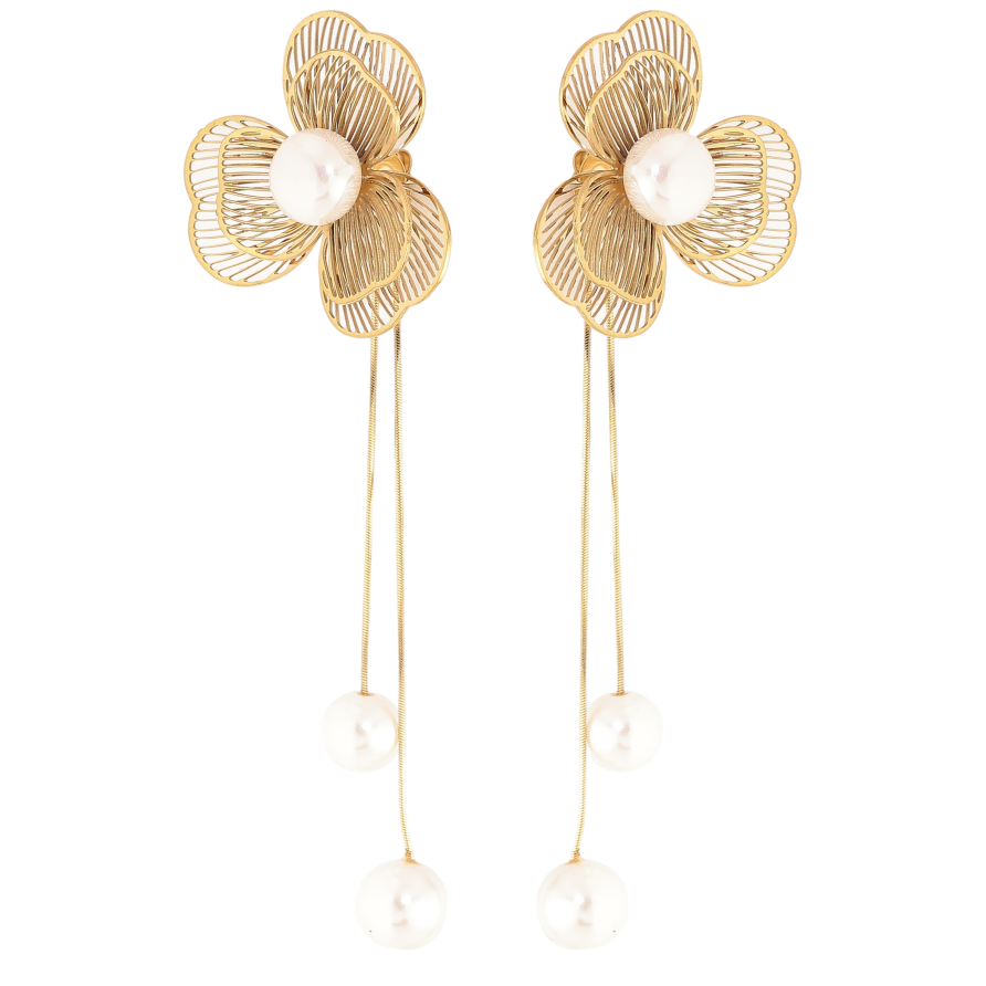 Серьги Нержавеющая сталь пусеты "Цветочные подвески с жемчужинами" фото №1 Серьги Нержавеющая сталь пусеты "Цветочные подвески с жемчужинами" фото №1