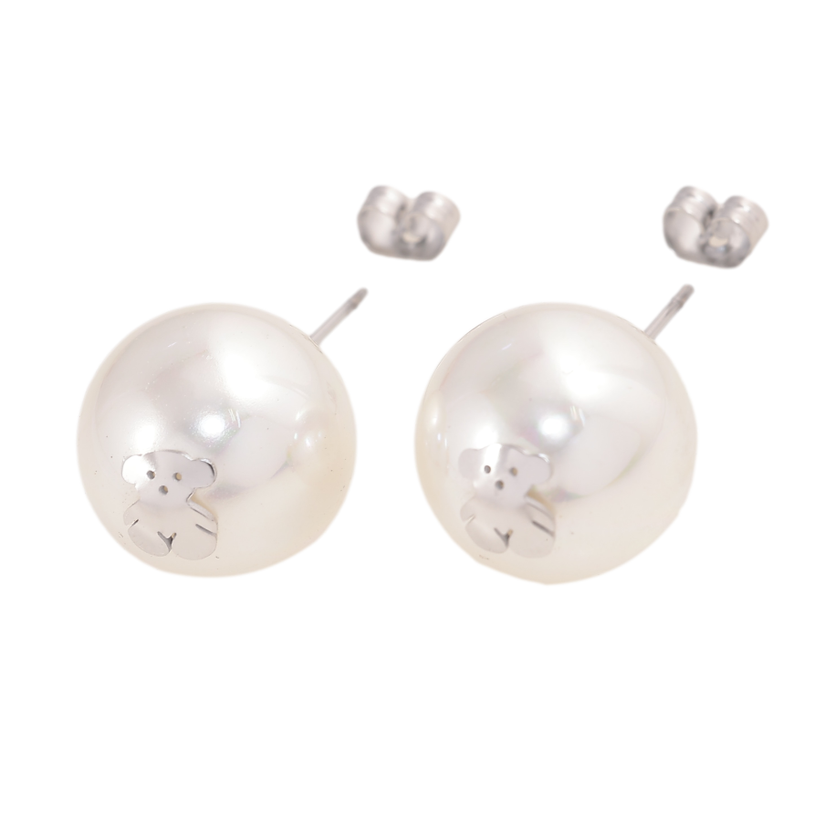 Сережки Нержавіюча сталь пусети "Перлини з ведмедиками" ø 14мм фото №1
