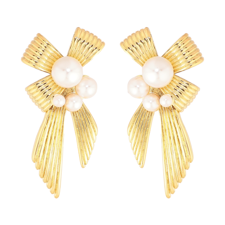 Сережки Нержавіюча сталь пусети "Банти з перлинами" фото №2