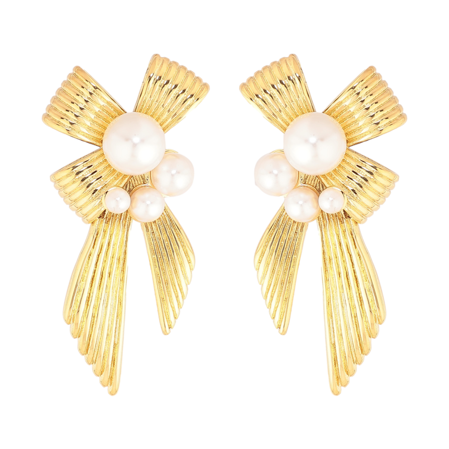 Серьги Нержавеющая сталь пусеты "Банты с жемчужинами" фото №1 Серьги Нержавеющая сталь пусеты "Банты с жемчужинами" фото №1