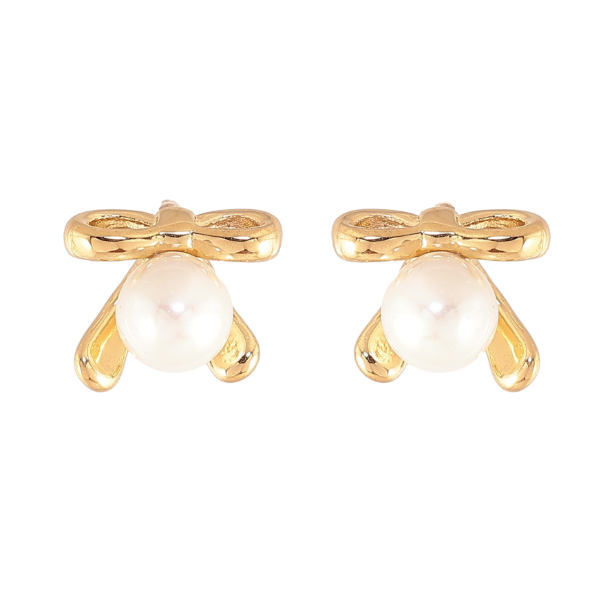 Серьги Нержавеющая сталь пусеты "Банты с жемчужинами" фото №1