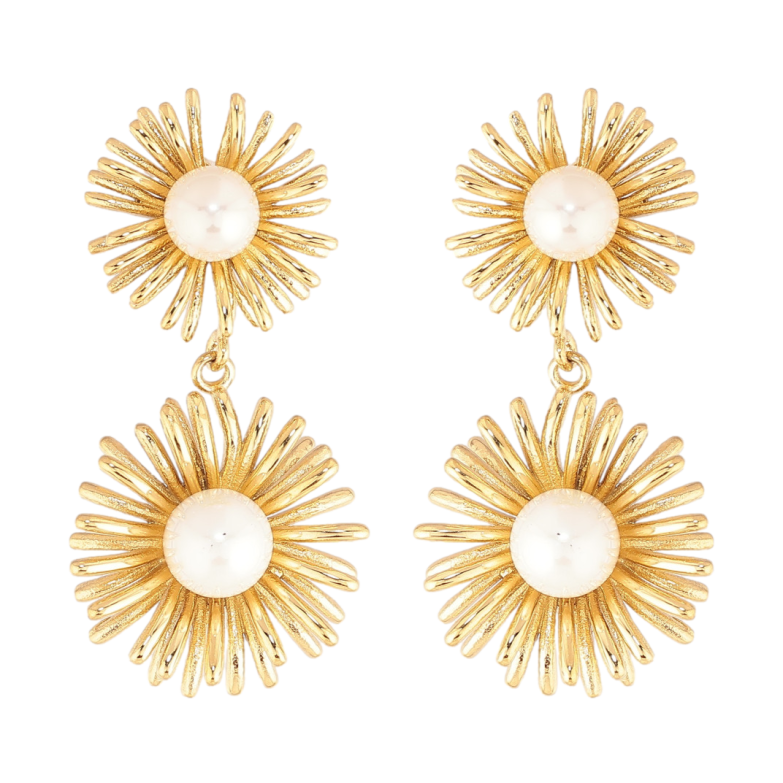 Сережки Нержавіюча сталь пусети "Квіткові підвіски з перлинами" фото №1