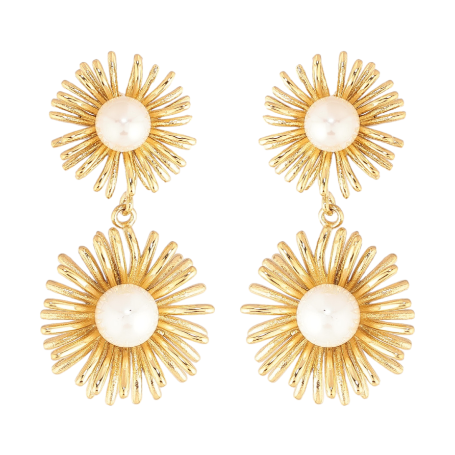 Сережки Нержавіюча сталь пусети "Квіткові підвіски з перлинами" фото №1