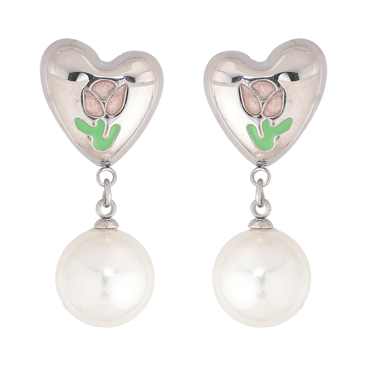 Сережки Нержавіюча сталь пусети "Сердечки з квітковим візерунком та перлинними підвісками" фото №15