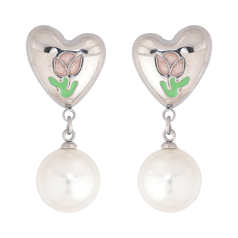 Серьги Нержавеющая сталь пусеты "Сердечки с цветочным узором и жемчужными подвесками" фото №1