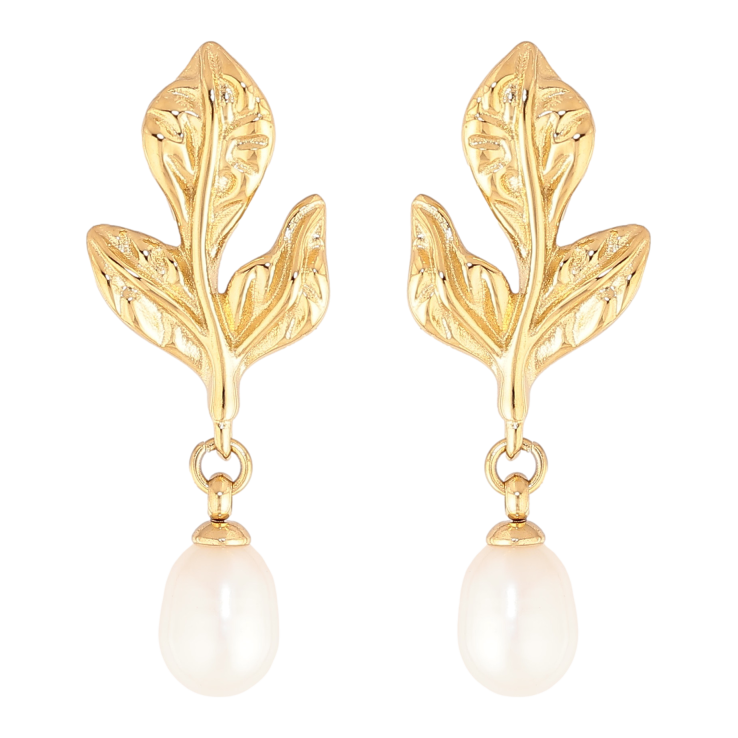 Сережки Нержавіюча сталь пусети "Листики з перлинними підвісками" фото №12