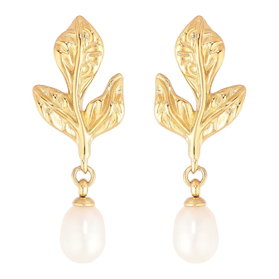 Сережки Нержавіюча сталь пусети "Листики з перлинними підвісками" фото №1