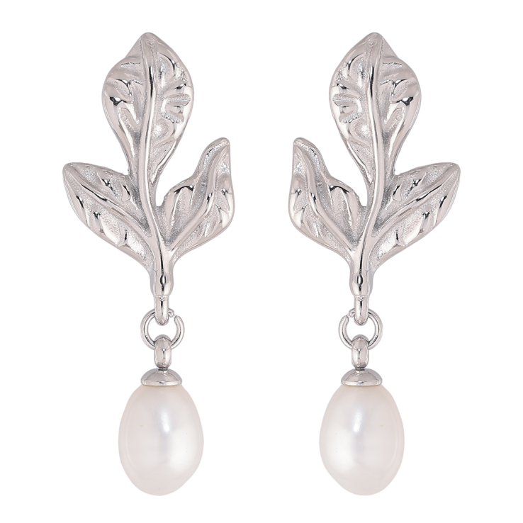 Сережки Нержавіюча сталь пусети "Листочки з перлинами" фото №7