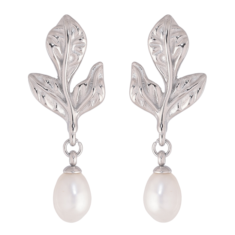 Сережки Нержавіюча сталь пусети "Листочки з перлинами" фото №1
