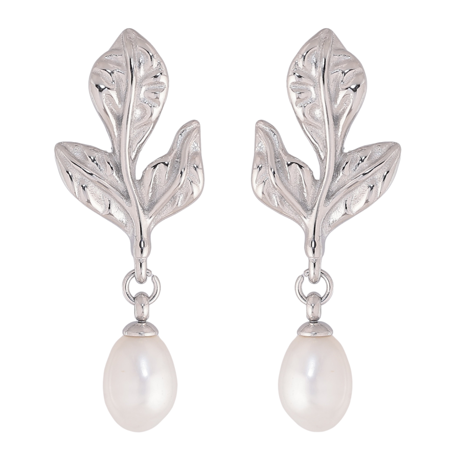 Сережки Нержавіюча сталь пусети "Листочки з перлинами" фото №1