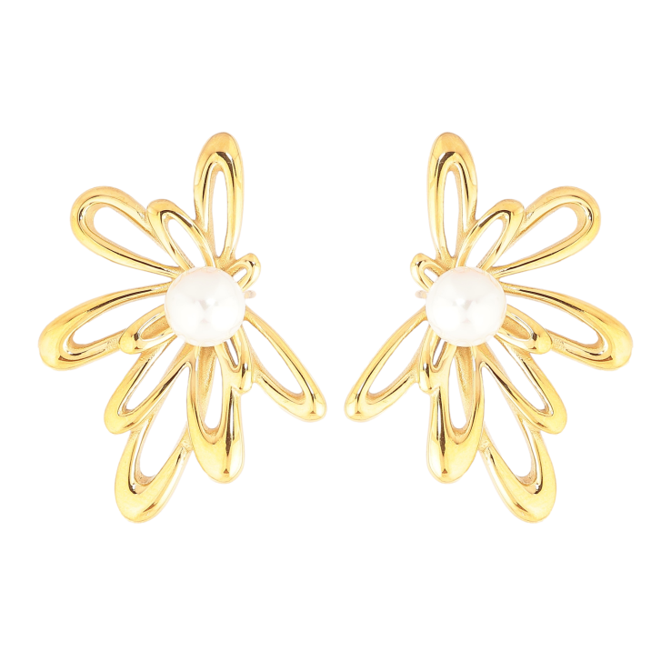 Серьги Нержавеющая сталь пусеты "Цветочки с жемчужинами" фото №4