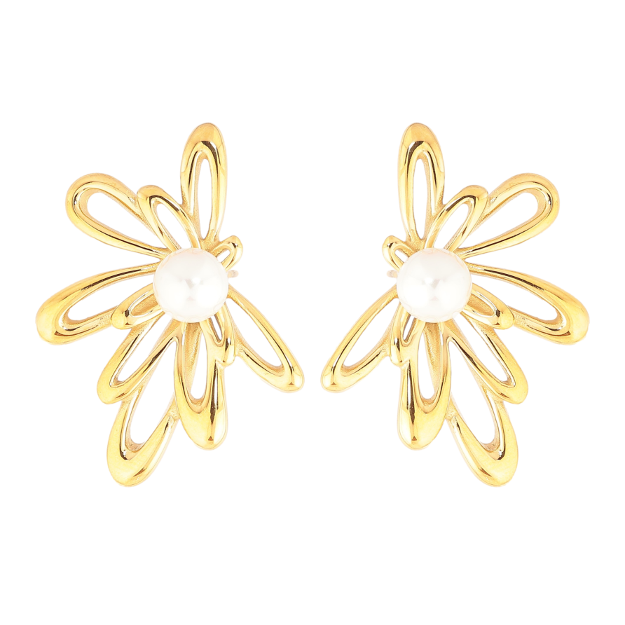 Серьги Нержавеющая сталь пусеты "Цветочки с жемчужинами" фото №1