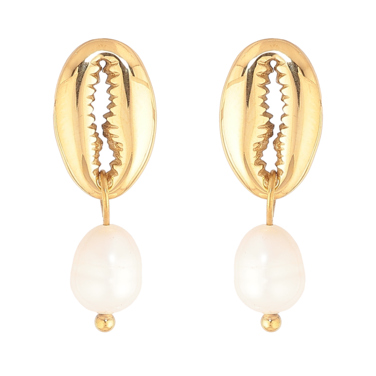 Сережки Нержавіюча сталь пусети "Мушля каурі з перлинами" фото №6