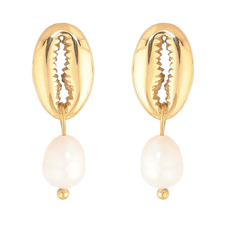 Сережки Нержавіюча сталь пусети "Мушля каурі з перлинами" фото №2 Сережки Нержавіюча сталь пусети "Мушля каурі з перлинами" фото №2