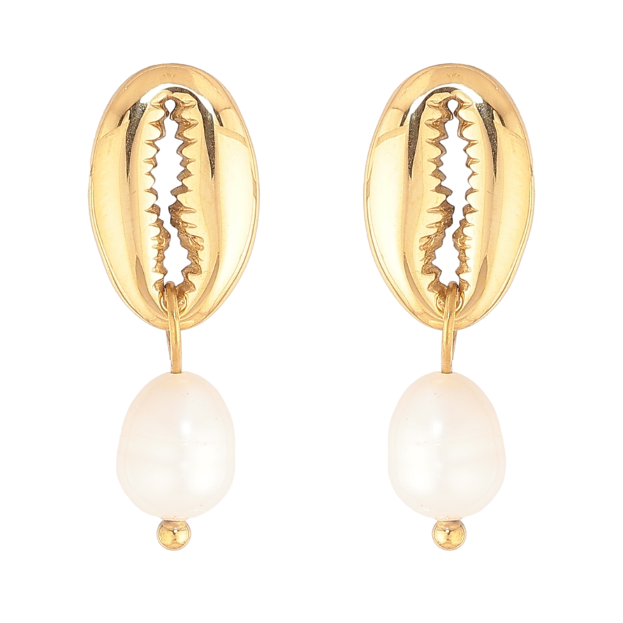 Сережки Нержавіюча сталь пусети "Мушля каурі з перлинами" фото №1