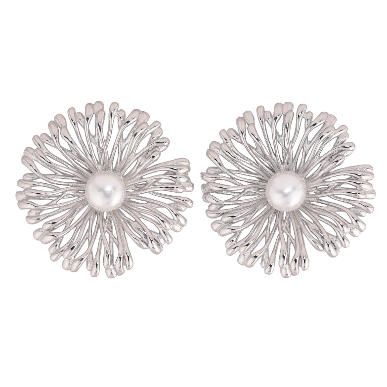 Серьги Нержавеющая сталь пусеты "Цветочки с жемчужинами" фото №1