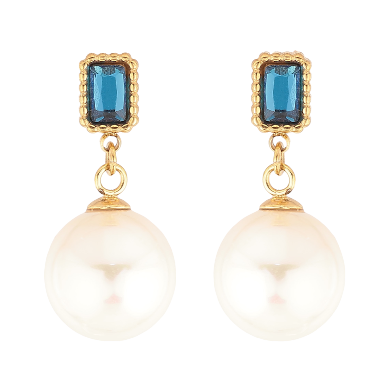 Серьги Нержавеющая сталь пусеты "Жемчужные подвески с синими кристаллами" фото №4