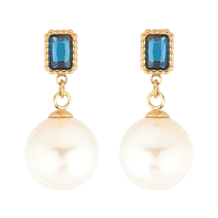 Сережки Нержавіюча сталь пусети "Перлинні підвіски з синіми кристалами" фото №1 Сережки Нержавіюча сталь пусети "Перлинні підвіски з синіми кристалами" фото №1