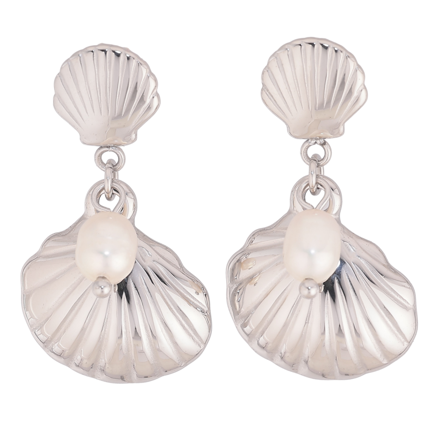 Сережки Нержавіюча сталь пусети "Підвіски ракушки з перлинами" фото №1