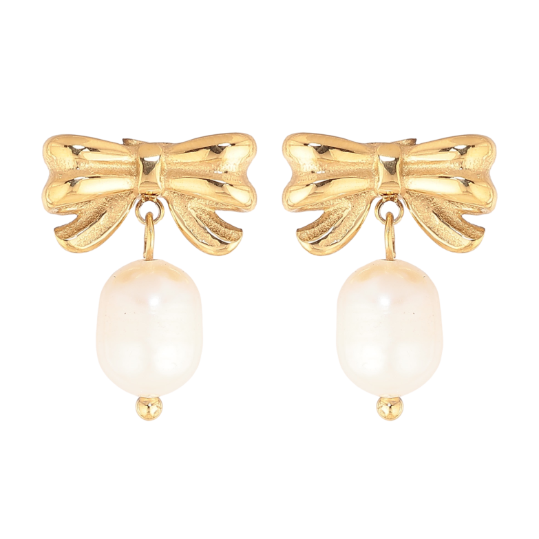 Серьги Нержавеющая сталь пусеты "Банты с жемчужинами" фото №1