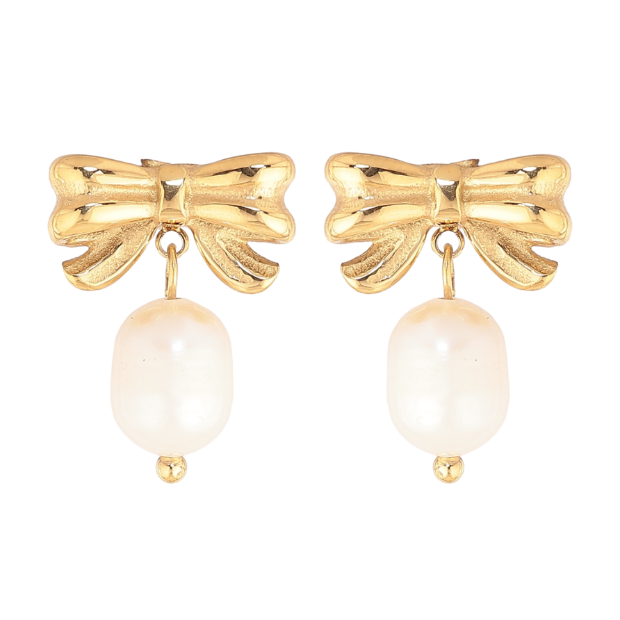 Серьги Нержавеющая сталь пусеты "Банты с жемчужинами" фото №1