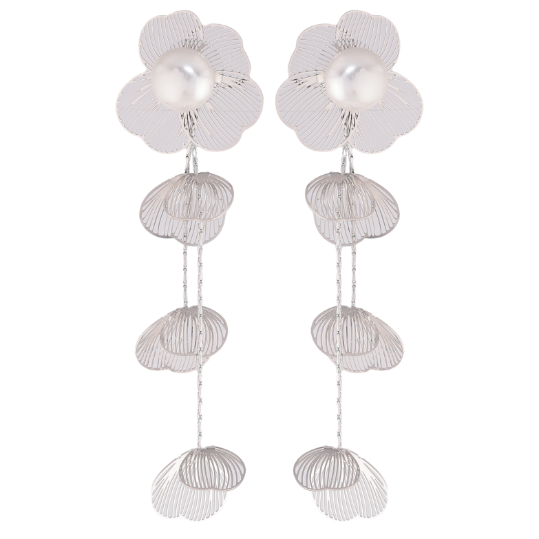 Сережки Нержавіюча сталь пусети "Квіткові підвіски з перлинами" фото №4