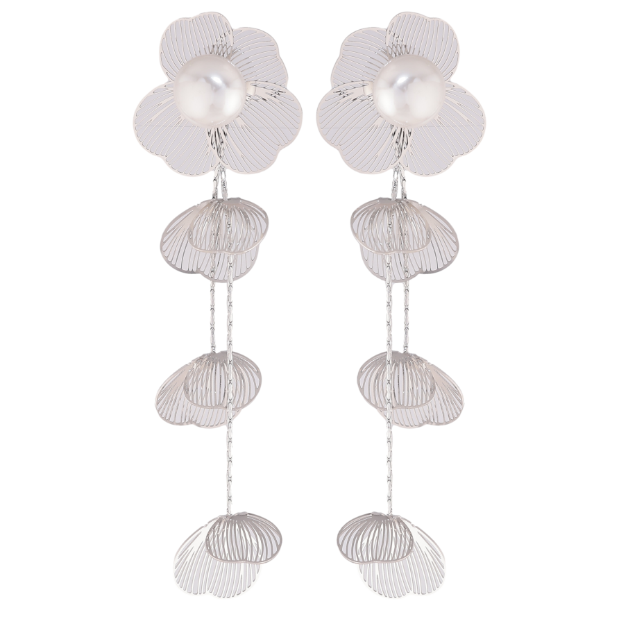 Сережки Нержавіюча сталь пусети "Квіткові підвіски з перлинами" фото №1