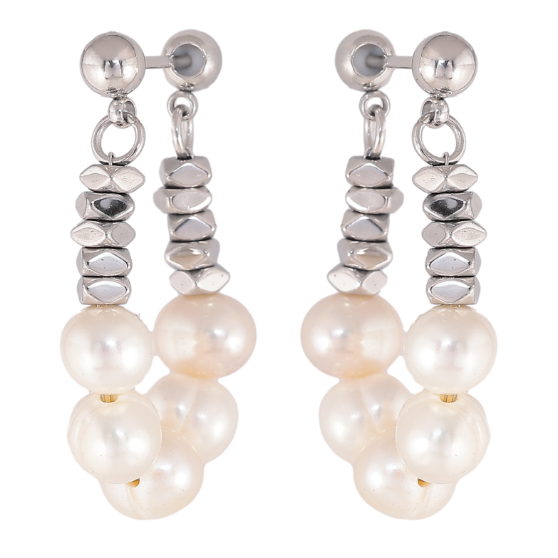 Серьги Нержавеющая сталь пусеты "Подвески с бежевыми жемчужинами" фото №4