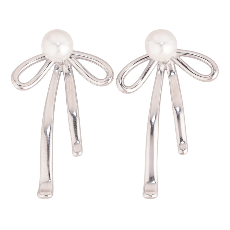 Сережки Нержавіюча сталь пусети "Перлини з бантами" 2 в 1, ø 6мм фото №1