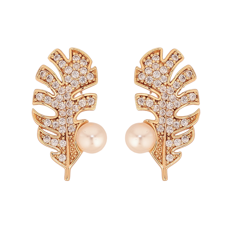 Серьги Xuping M&L цвет 18K пусеты "Листики с жемчугом и кристаллами" фото №7