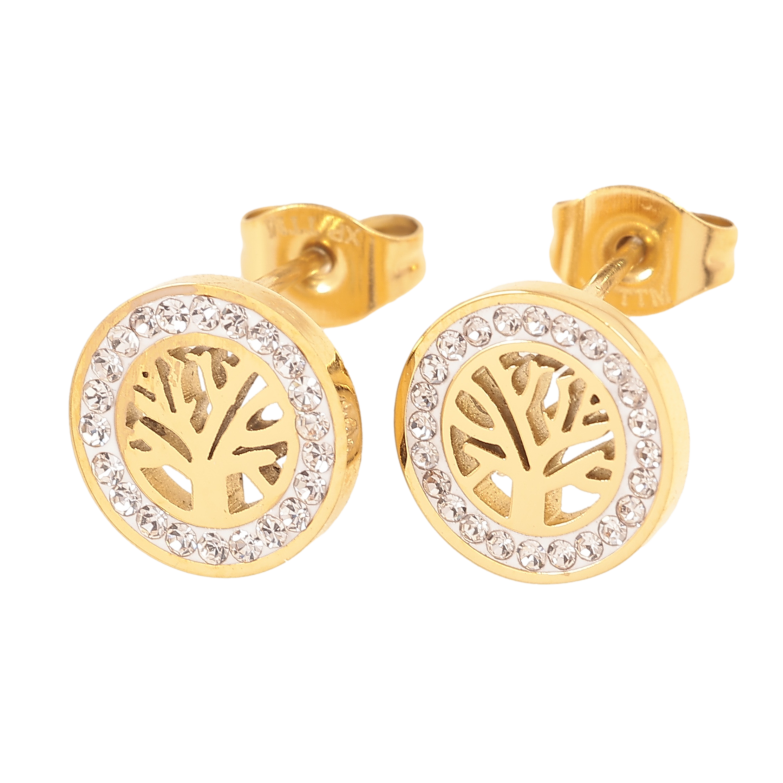 Серьги Xuping TTM Stainless Steel цвет 14К пусеты древо жизни ø 10мм фото №1