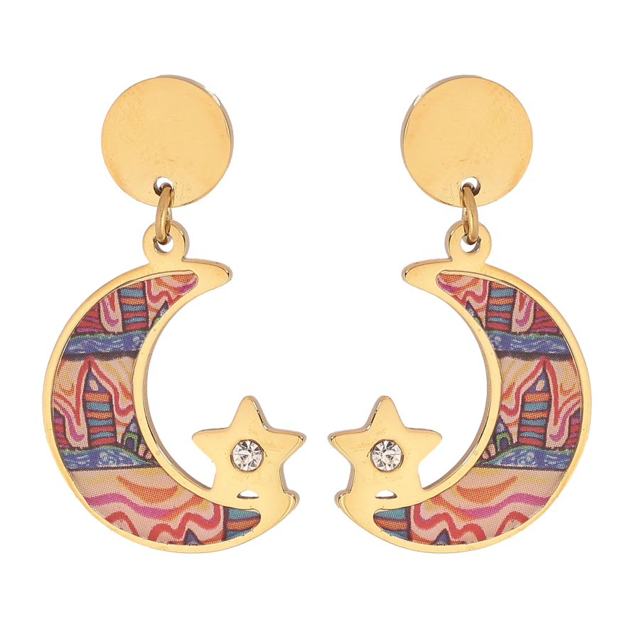 Серьги Xuping TTM Stainless Steel цвет 14К пусеты "Полумесяц и звезда с цветной вставкой" фото №1
