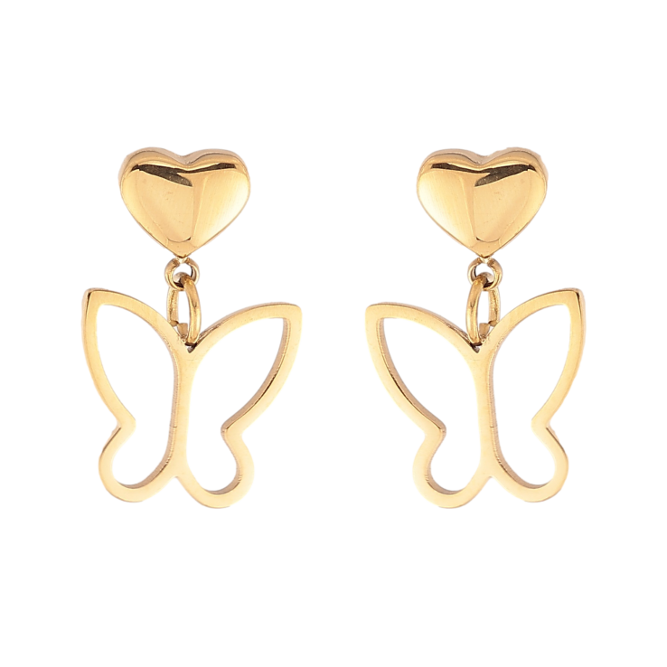 Сережки Xuping TTM Stainless Steel колір 14К пусети "Сердечки з метеликами" фото №4