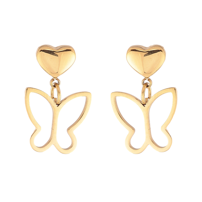 Сережки Xuping TTM Stainless Steel колір 14К пусети "Сердечки з метеликами" фото №1 Сережки Xuping TTM Stainless Steel колір 14К пусети "Сердечки з метеликами" фото №1