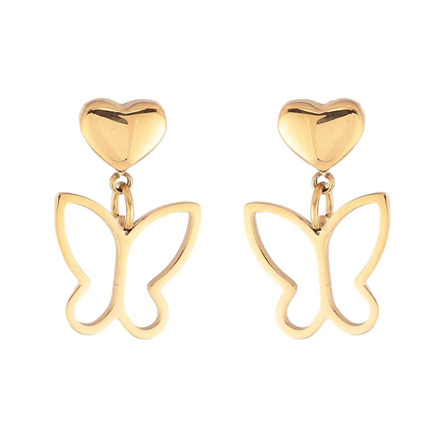 Сережки Xuping TTM Stainless Steel колір 14К пусети "Сердечки з метеликами" фото №1 Сережки Xuping TTM Stainless Steel колір 14К пусети "Сердечки з метеликами" фото №1